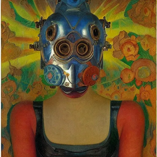 Image similar to the mechanical robot in her floral mask, by annie swynnerton and diego rivera and nicholas roerich and jean delville, symbolist, dramatic lighting, elaborate geometric ornament, art brut, soft cool colors, smooth, sharp focus, extremely detailed, adolf wolfli and donato giancola