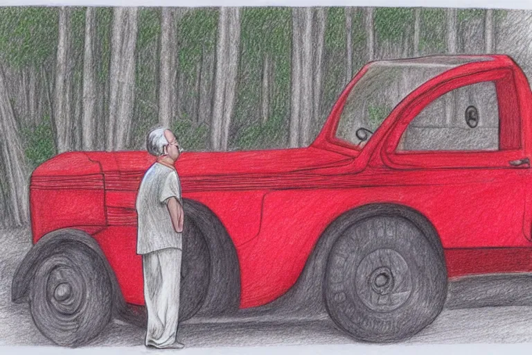 Prompt: old man standing next to a small red car parked on a forest road, detailed pencil drawing, partly colored