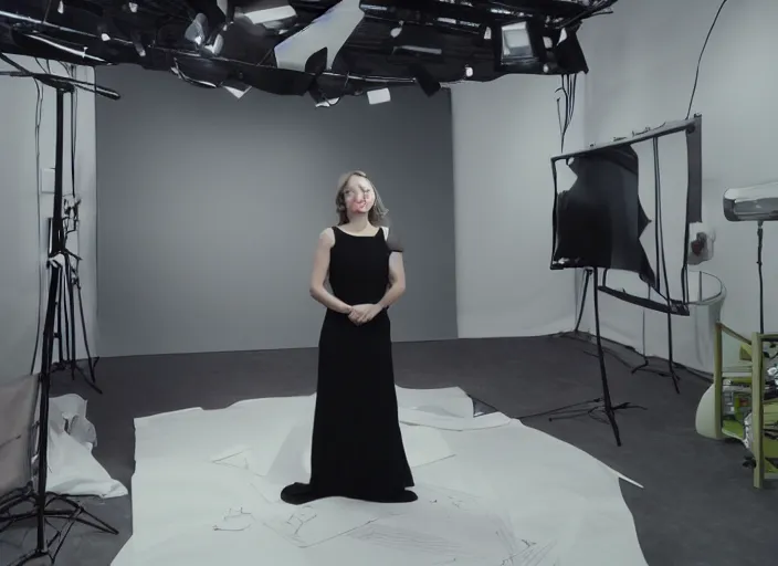 Image similar to a beautiful woman is standing in front of the green screen of the studio. movie vfx breakdown
