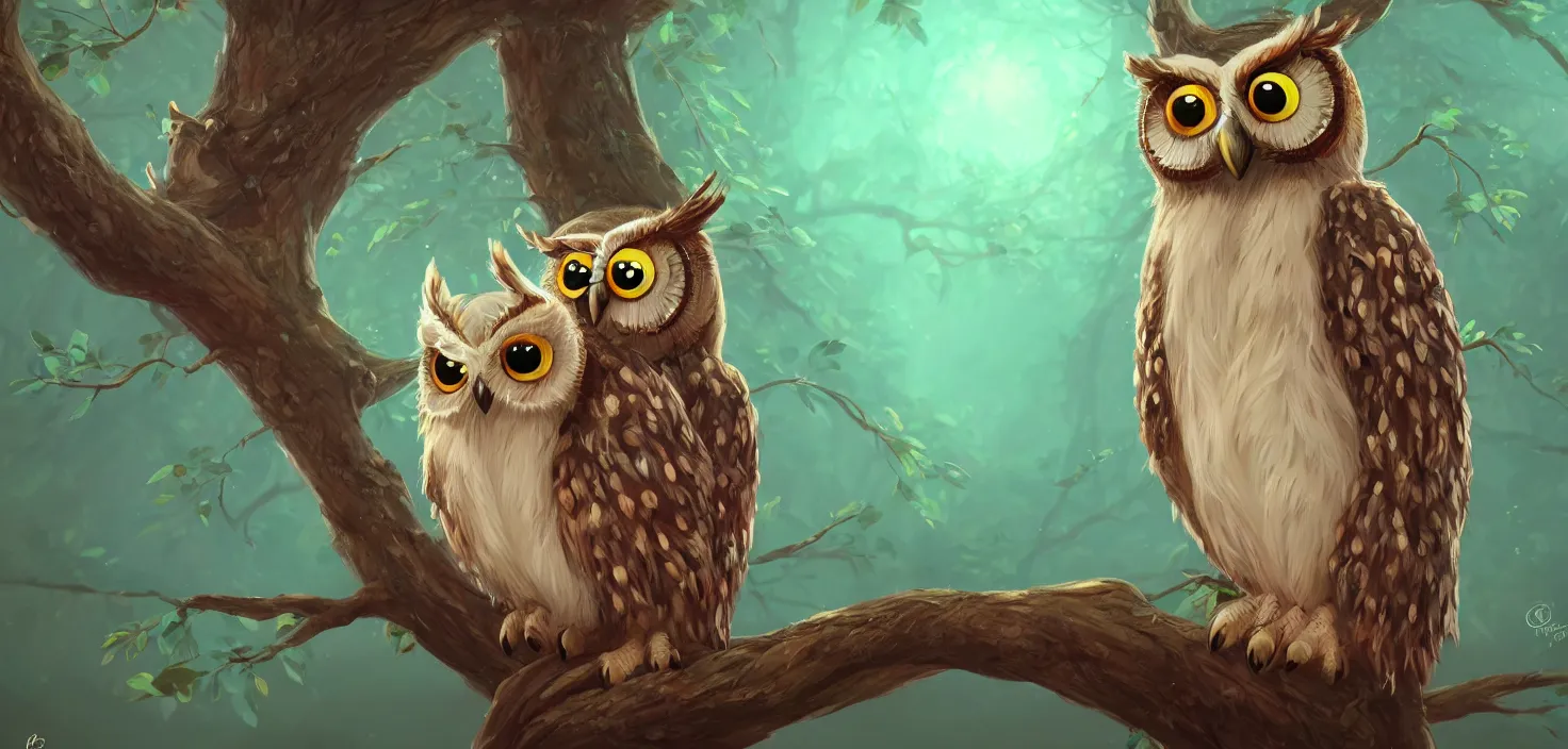 Prompt: owl magic forest, cute friendly crazy owl with beauty eyes sitting on a tree branch, in the style of craola, shallow depth of field, highly detailed, digital painting, trending artstation, concept art, illustration, cinematic lighting, vibrant colors, photorealism, epic, octane render