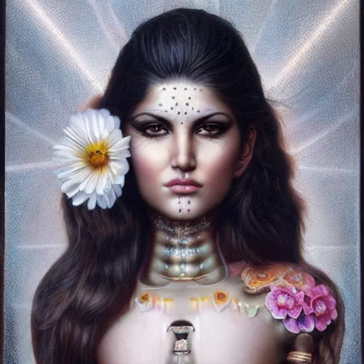 Image similar to sunny leone as humanoid robot, skin flower pattern, highly detailed, expressive eyes, beautiful symmetric body, perfect proportions, highly intricate, art by tom bagshaw and alex gray