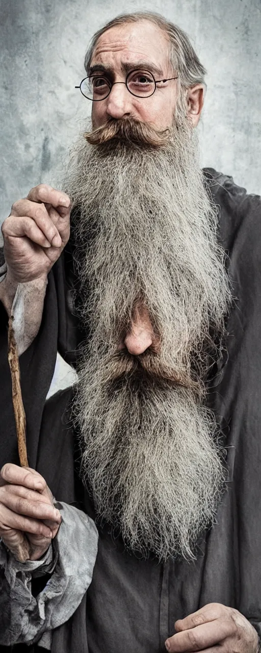 Prompt: aged harry potter with long beards and beautiful mustache, beard balm in his hand