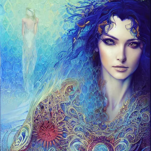 Image similar to a beautiful woman wearing a kaftan manipulating water by karol bak, ayami kojima, artgerm, river, water, blue eyes, smile, concept art, fantasy