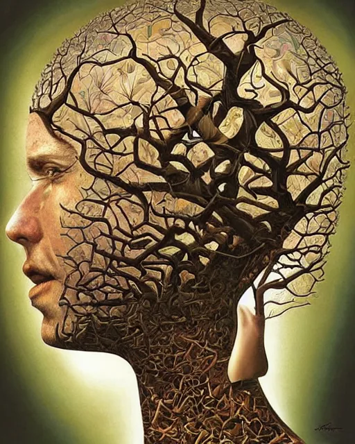 Prompt: the transgender mind themed surrealist art in the styles of igor morski, jim warren, and rob gonsalves, intricate, hyperrealistic, volumetric lighting