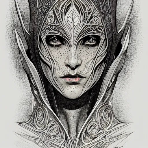 Prompt: centered elven ,intricate, veins, by Hugo pratt, ultradetailed, charachter design, concept art, trending on artstation,