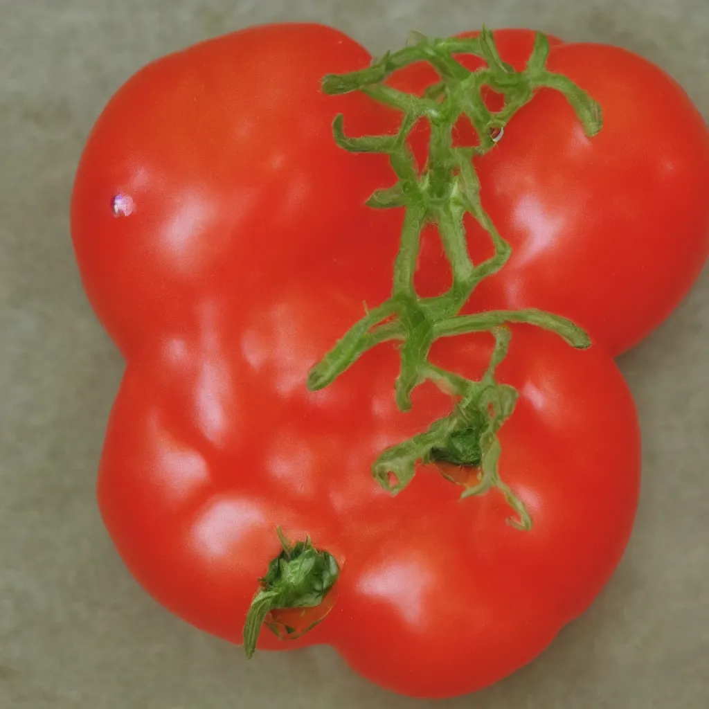 Image similar to A hyperrealistic tomato with a face grinning creepily