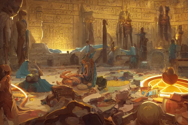 Image similar to energetic healing chamber watched over by the egyptian pantheon, tooth wu, dan mumford, beeple, wlop, rossdraws, james jean, marc simonetti, artstation giuseppe dangelico pino and michael garmash and rob rey and greg manchess and huang guangjian and makoto shinkai