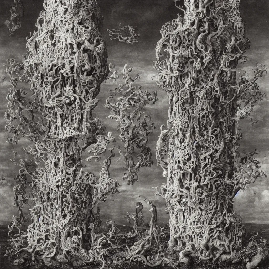 Prompt: a single colorful! ( lovecraftian ) divine holy fungus tower white! clear empty sky, a high contrast!! ultradetailed photorealistic painting by jan van eyck, audubon, rene magritte, agnes pelton, max ernst, walton ford, andreas achenbach, ernst haeckel, hard lighting, masterpiece