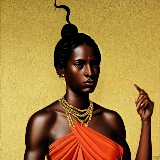 Image similar to A portrait of a slender stylish and attractive non-binary person, dark skin tone, Indian, oil painting by Kehinde Wiley, majestic, detailed, high resolution