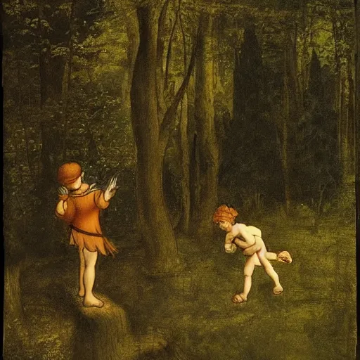 Prompt: the lost boy and Peter pan playing in the woods,by Leonardo DaVinci