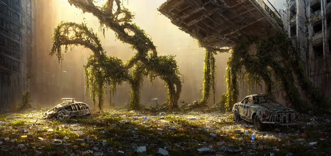 Image similar to tree growing in ancient cyberpunk ruins, gray wasteland, many scrap hovercars, plastic waste, rubble, pillars, flowers, vines, hyperrealistic, highly detailed, cinematic, single ray of golden sunlight, beautiful, cgssociety, artstation, 8 k, oil painting by greg rutkowski, by artgerm, by wlop