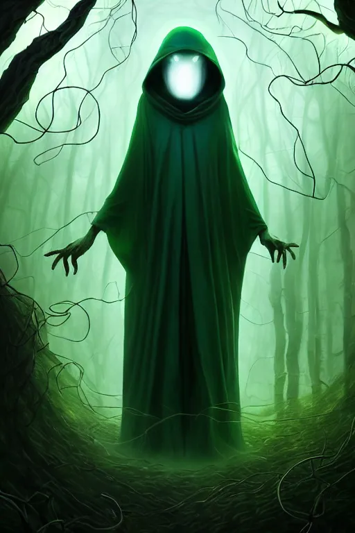 Image similar to A full body portrait of a ghost like character with no face, glowing eyes and a very long hooded dark green cloak of leaves and vines, forest spirits flying in the background art by Shaddy Safadi and Jason Chan, ominous, cosmic horror, trending on artstation, Ultra detailed, hyper realistic 4k