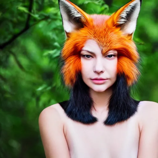 Prompt: woman with fox ears and fox facial features, close - up, headshot, detailed, symmetric