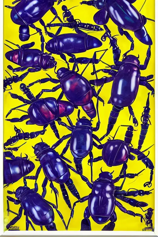 Prompt: mimmo rotella, violet polsangi, frank miller as return of ninja bugs by pop art, white frame