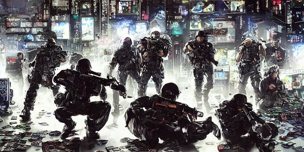 Prompt: 1992 Video Game Concept Art, Anime Neo-tokyo Cyborg bank robbers vs police, Set in Cyberpunk Bank Vault, bags of money, Multiplayer set-piece :9, Police officers hit by bullets, Police Calling for back up, Bullet Holes and Blood Splatter, :6 ,Hostages, Smoke Grenades, Large Caliber Sniper Fire, Chaos, Cyberpunk, Money, Anime Bullet VFX, Machine Gun Fire, Violent Gun Action, Shootout, Escape From Tarkov, Payday 2, Highly Detailed, 8k :7 by Katsuhiro Otomo + Studio Gainax : 8