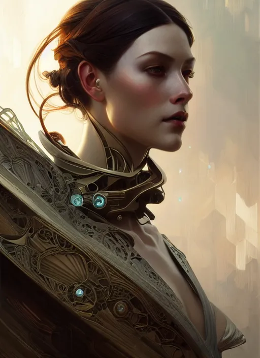 Image similar to portrait of female android, intricate, elegant, highly detailed, digital painting, artstation, concept art, smooth, sharp focus, illustration, art by artgerm and greg rutkowski and alphonse mucha