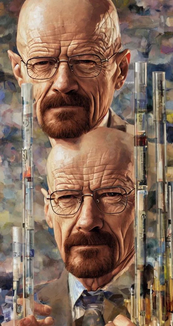 Prompt: a highly detailed beautiful portrait of walter white surrounded by test tubes, by gregory manchess, james gurney, james jean