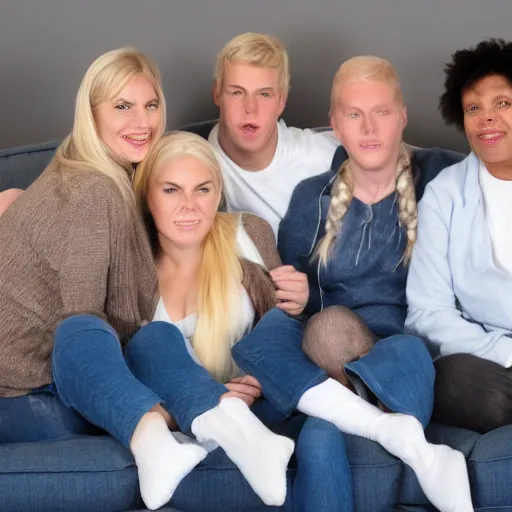 Prompt: white woman with blond pigtails sitting on a white couch with blue pillows. behind the couch is 5 men smiling.