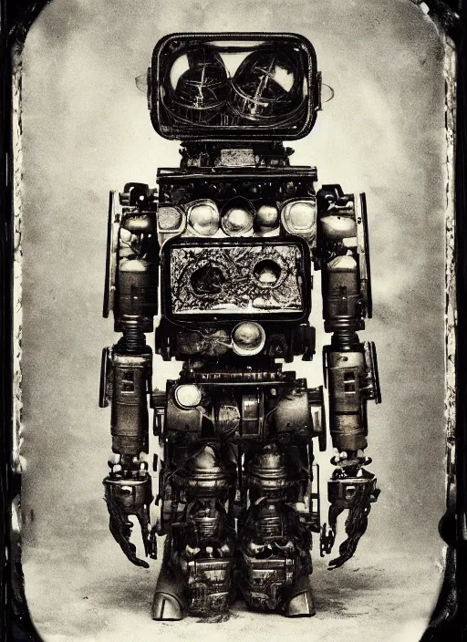 Image similar to old wetplate daguerreotype portrait of futuristic robot, explosion of data fragments, fractal, intricate, elegant, highly detailed, parallax, leica, medium format, subsurface scattering, by jheronimus bosch and greg rutkowski and louis jacques mande daguerre