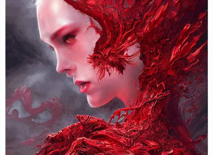 Image similar to woman loves demon, sit upon a scarlet coloured beast, pain, light effect, hyper detailed, intricate, elegant, highly detailed, digital painting, artstation, concept art, matte, sharp focus, illustration, by james jean, andrei riabovitchev, marc simonetti, yoshitaka amano