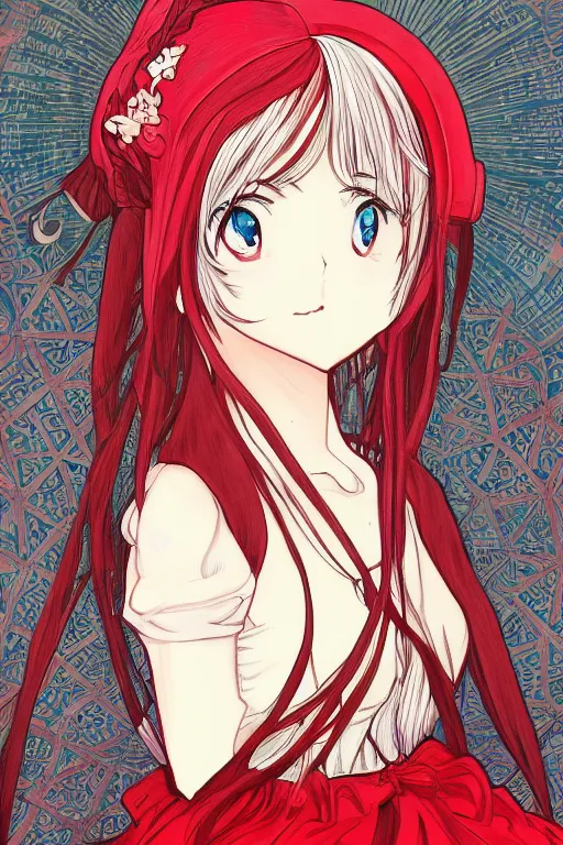 Prompt: Anime girl with chin length white hair, wearing red gothic lolita clothing, trending on Instagram, digital drawing, anime animation cell, colored manga panel, art by Alphonse Mucha