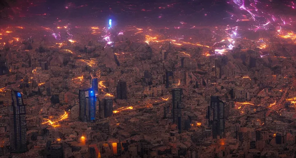 Image similar to alien invasion to santiago de chile, lights, high detail, cyberpunk, dream