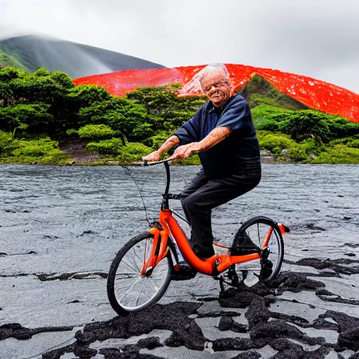 Prompt: elderly man on an aqua bike in a lava flow, volcano, eruption, magma, lava, canon eos r 3, f / 1. 4, iso 2 0 0, 1 / 1 6 0 s, 8 k, raw, unedited, symmetrical balance, wide angle