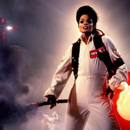 Image similar to stunning awe inspiring michael jackson as a ghostbuster in the movie ghostbusters, movie still 8 k hdr atmospheric lighting