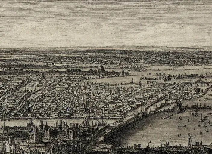 Prompt: detail from Hollar’s Panoramic view of Melbourne, 1647