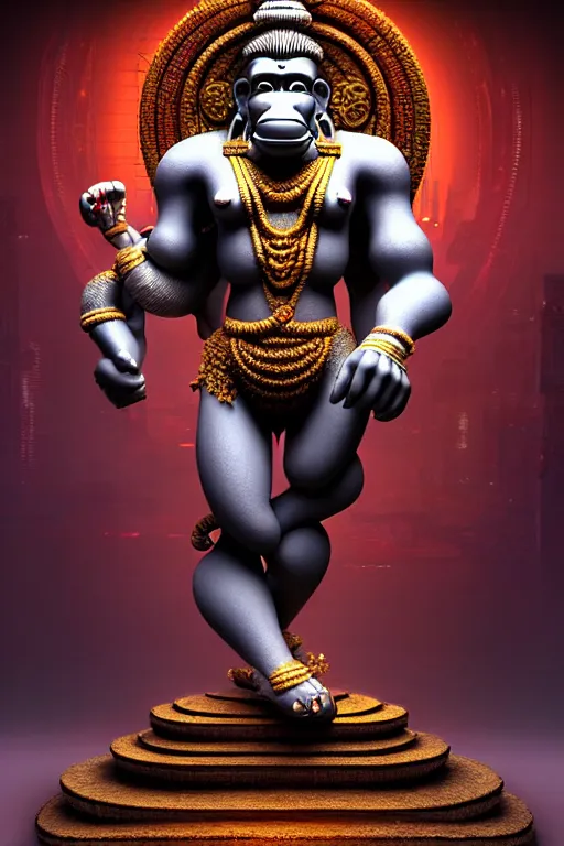 Image similar to high quality 3 d render post - rococo cyberpunk hanuman! head shri ram centre, madhubani, highly detailed, morning in sci - fi new delhi, cinematic smooth unreal engine, lee madgwick & liam wong, dramatic light, long shot, low angle, uhd 8 k, sharp focus