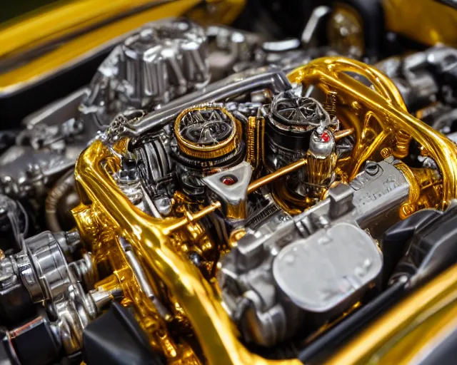 Image similar to 5 0 mm photography of a holy golden car engine mechanism. highly immaculate detailed 8 k. intricate. lifelike. nikon d 8 5 0. tiltshit. motion blur. dof