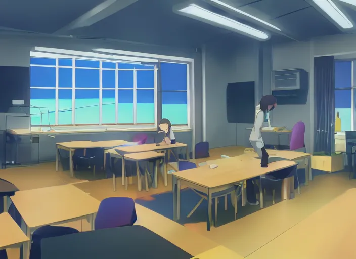 prompthunt: Typical anime classroom, empty, digital art, background, soft  lighting, detailed, in style of Makoto Shinkai