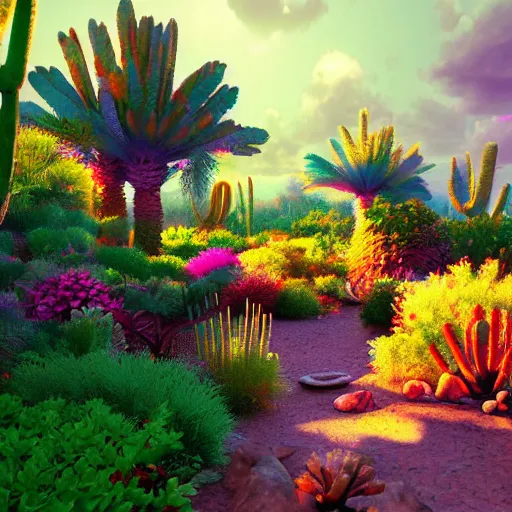 Image similar to a lush desert garden with bright colors, global illumination, dramatic sky and light rays, artstation