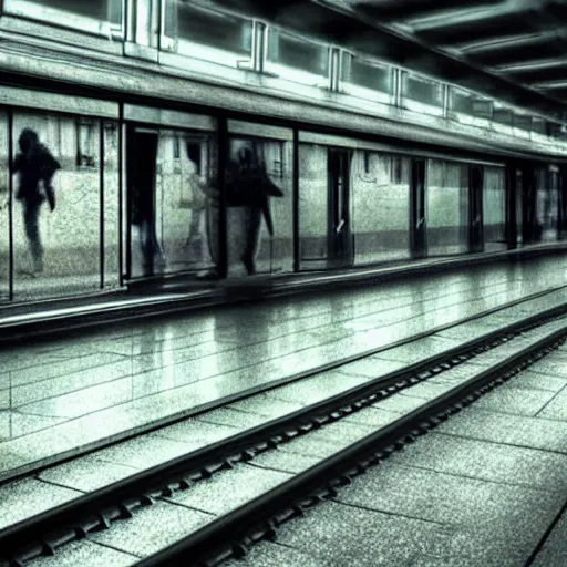 Prompt: realistic ghosts in a train station, old grainy picture, photorealistic, hd