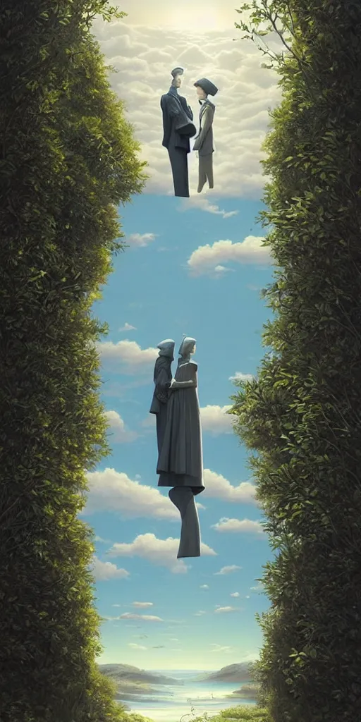 Prompt: symmetry!! they looked at each other, surreal landscape, serene, peace, very detailed, perfect composition, perfect lighting, 4 k, greg rutkowski, rene magritte, tim white, artgerm