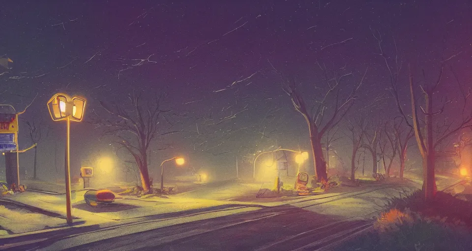 Prompt: a quaint suburban street at night inspired by simon stalenhag