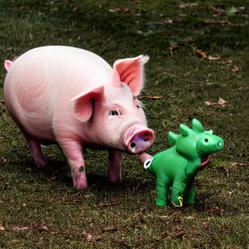 Image similar to photograph of a cute pig walking upright wearing a green dinosaur raincoat