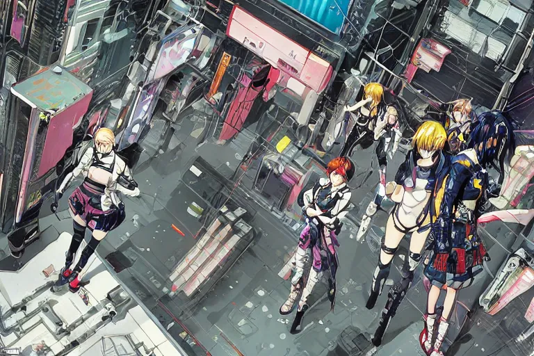 Image similar to a cyberpunk illustration of a group of super-coherent female androids dressed in seifuku in style of masamune shirow, lying scattered across an empty, white floor with their bodies rotated in different poses and cables and wires coming out, by yukito kishiro and katsuhiro otomo, hyper-detailed, intricate, view from above, colorful