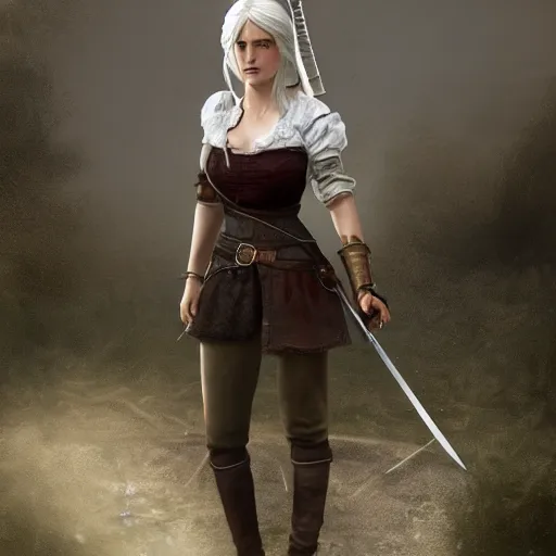 Image similar to Ciri from the Witcher standing on a roof holding a sword, realistic digital art.