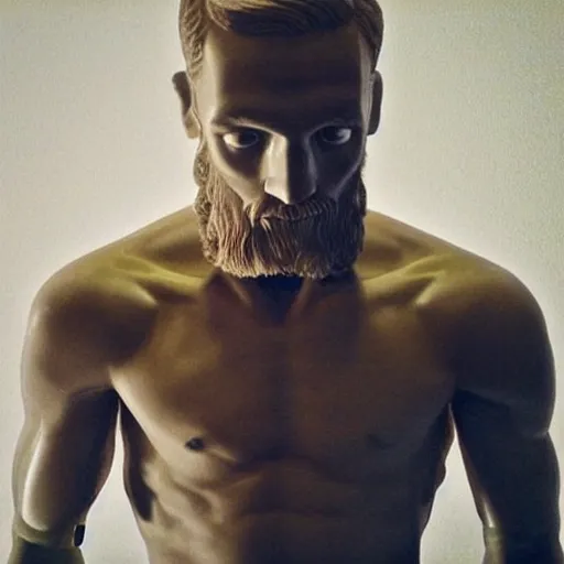 Image similar to “a realistic detailed photo of a guy who is an attractive humanoid who is half robot and half humanoid, who is a male android, boxer Conor McGregor, shiny skin, posing like a statue, blank stare”