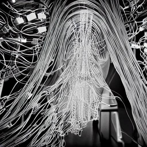 Image similar to nervous system made of wires and alien technology in a white room with glowing leds, hyper detailed, surreal concept art, apocalyptic, realistic, alive, industrial, tech, black and white photo on film, grain, cyborg, futuristic, humanoid, dream,