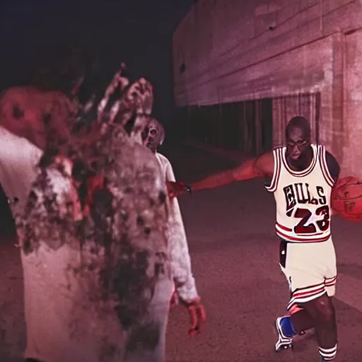 Prompt: night photograph of michael jordan in the thriller music video, outdoors, in the street, at night, dancing, zombies, chicago bulls, wide shot