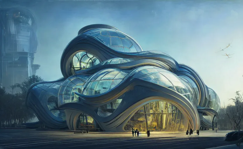 Image similar to exterior shot of utopian architecture transparent building with cinematic lighting by zaha hadid and renzo piano, darek zabrocki and greg ruthkowski, alphonse mucha, simon stalenhag, cinematic, stars, beautiful, holy place, paradise, scifi, futurism, atmospheric, concept art, artstation, trending on artstation