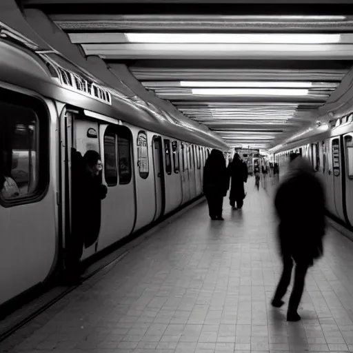 Image similar to people of rer b, subway, atmosphere, sad mood