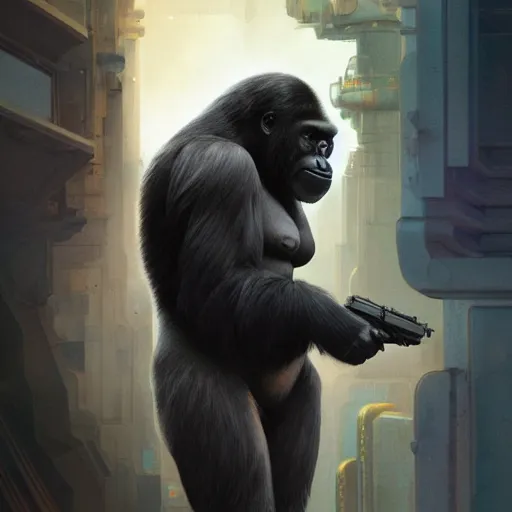 Image similar to detailed science - fiction character portrait of a gorilla with a gun, wild, highly detailed, digital painting, artstation, concept art, smooth, sharp focus, illustration, art by artgerm and greg rutkowski and alphonse mucha