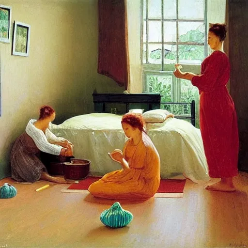 Prompt: A beautiful performance art harmony of colors, simple but powerful composition. A scene of peaceful domesticity, with a mother and child in the center, surrounded by a few simple objects. Colors are muted and calming, serenity and calm. ensō, scarlet by Ilya Repin, by Ron Mueck harrowing