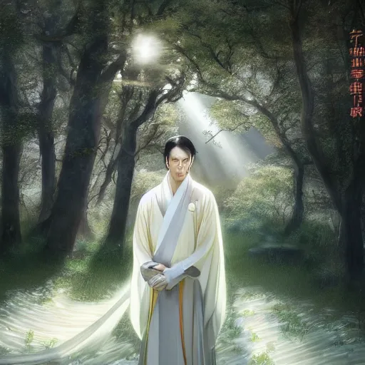 Image similar to a portrait of a young beautiful prince, golden eyes, long black hair, white hanfu, elegant, intricate, backlit, incredible lighting, strong rim light, subsurface scattering, photorealistic, epic beautiful landscape, cherry trees, highly detailed, god rays, digital painting, by Heise Jinyao, Heise-Lian Yan Fang, Feimo, Rossdraws, HDRI, vivid colors, high contrast, 8k