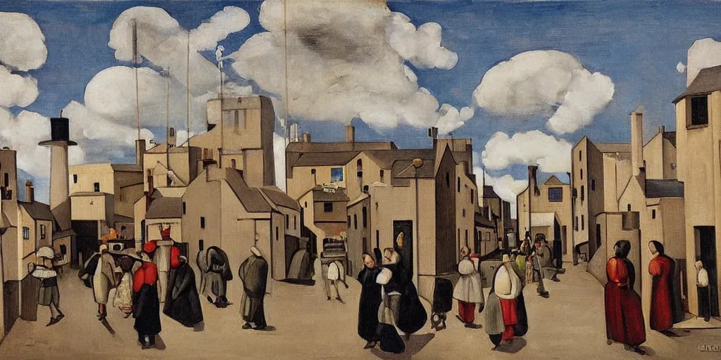 Image similar to a painting of street life in kirkwall, orkney, people,houses, by Giorgio de Chirico