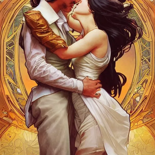 Image similar to a cheesy romance novel cover by artgerm and greg rutkowski and alphonse mucha