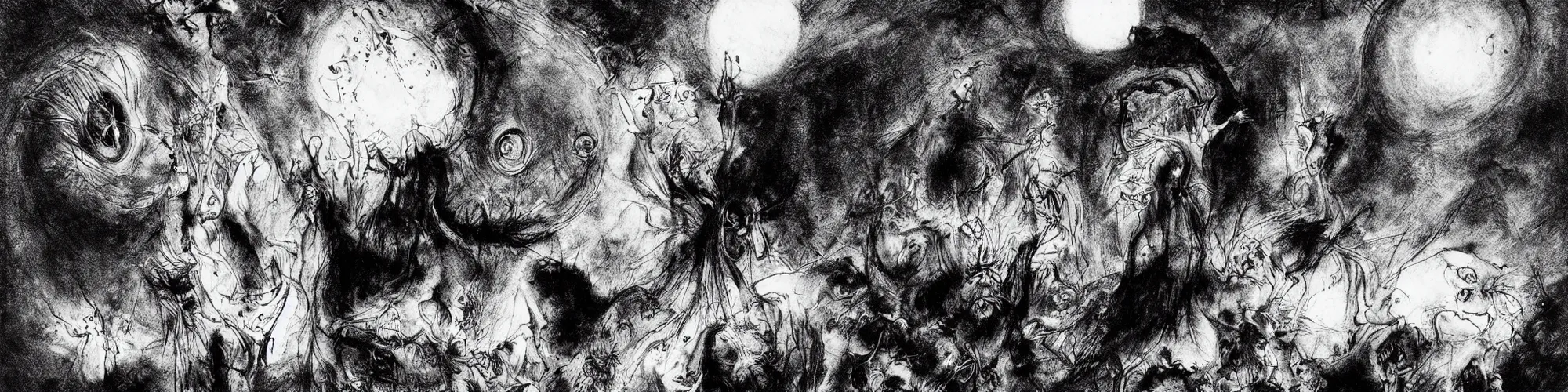 Image similar to dawn of creation ; first atom ; beings of light and darkness ; ethereal plane. extremely dark image. illustrated by maurice sendak and stephen gammell and junji ito and dr seuss and tsutomu nihei